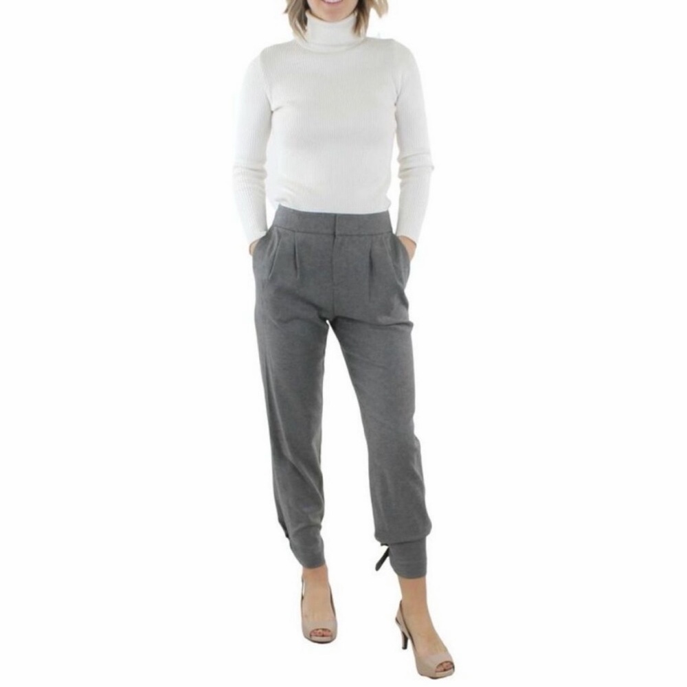 Alice + Olivia Heather Gray Wool Pleated Tapered Skinny Leather Tie Leg Pants 2